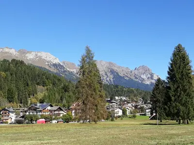 two trees in a field with mountains in the background at Casa Mowgli - Residence Sussy in Falcade