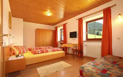 a bedroom with a bed and a table and a window at Schmözlhof in Tesido