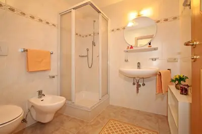 a bathroom with a shower and a toilet and a sink at Schmözlhof in Tesido