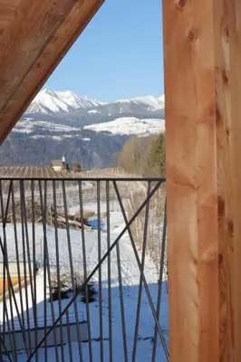a view of a snowy mountain from a balcony at Kessler's Mountain Lodge in Naz-Sciaves