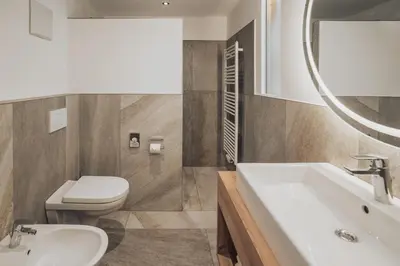 a bathroom with a toilet and a sink and a mirror at Untermathonhof Vöran - Ferienwohnungen - Urlaub am Bauernhof in Südtirol mit hofeigenem Frühstück in Verano