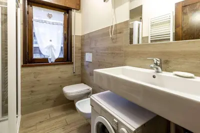 a bathroom with a sink and a toilet and a mirror at Des Alpes 2 in Canazei