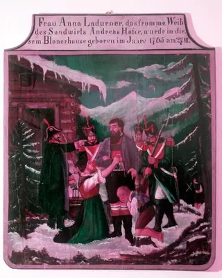 a painting of a family in the snow at Plonerhof in Lagundo