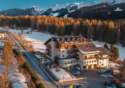an aerial view of a large house in the mountains at Phi Hotel Bellamonte in Predazzo