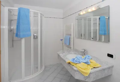 a bathroom with a sink and a shower and a mirror at Urthalerhof in Castelrotto