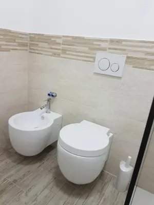 a bathroom with a white toilet and a bidet at Giuchry Apartment in Merano