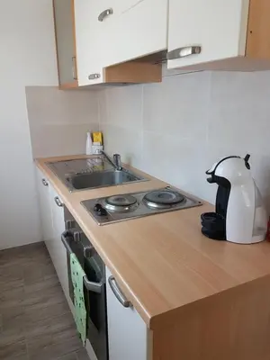 a small kitchen with a stove and a sink at Giuchry Apartment in Merano
