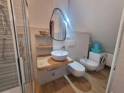 a bathroom with a sink and a toilet and a mirror at El Tobià in Campitello