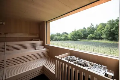 a sauna with a window and a view of a field at Hotel Weingut Stroblhof in Appiano sulla Strada del Vino