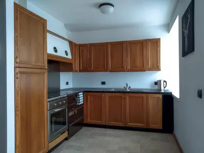 a kitchen with wooden cabinets and a stove at Casa Zone in Tesero