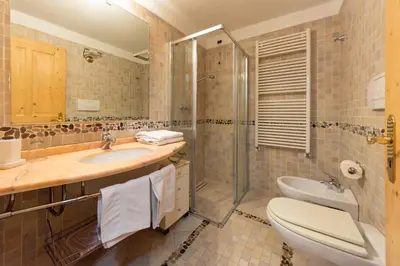 a bathroom with a toilet and a sink and a shower at Tobià de Barat in Pozza di Fassa