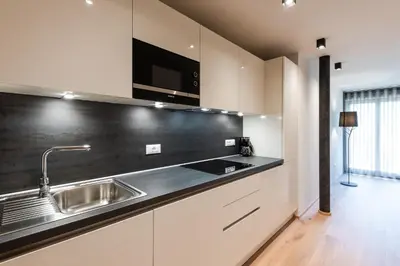 a kitchen with a sink and a counter top at Aparthotel Abiná Lana Höhe in Lana