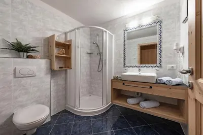 a bathroom with a shower and a toilet and a sink at Kircherhof in Bressanone