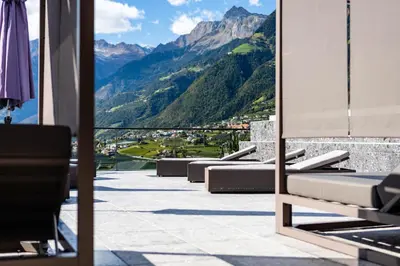 a balcony with a view of a mountain at Prunner Luxury Suites - Adults Only in Schenna