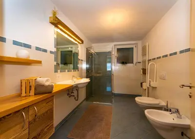 a bathroom with a sink and a toilet and a shower at Gruberhof a quiet place Gereuth Brixen in Bressanone