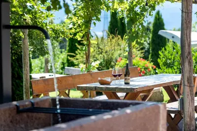 a wooden table with two glasses of wine on it at Apartments Schmalzerhof - Eppan an der Weinstraße in Appiano Sulla Strada Del Vino