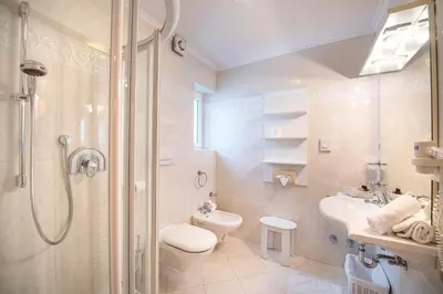 a bathroom with a shower and a toilet and a sink at Garni Bondi in Selva di Val Gardena