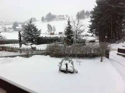 a yard covered in snow with a fence at Garni Waldfrieden in Castelrotto
