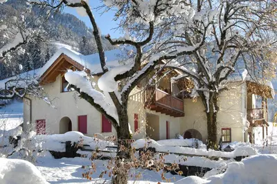 a house covered in snow next to a tree at Villa Tilia in Siusi