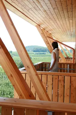 a woman standing on top of a wooden building at Hotel Ploseblick in Naz-Sciaves