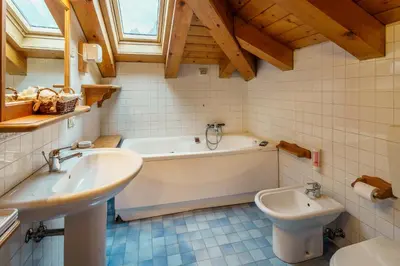 a bathroom with a sink and a tub and a toilet at Hotel Alemagna in San Vito di Cadore