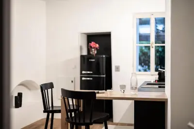 a kitchen with a black refrigerator and a table with chairs at Goldenstern Townhouse in Bolzano