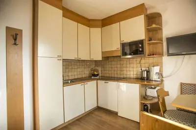 a small kitchen with white cabinets and a microwave at Unterdornerhof in Lagundo