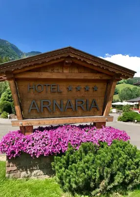 a sign for a hotel in amarna with purple flowers at Hotel Arnaria in Ortisei
