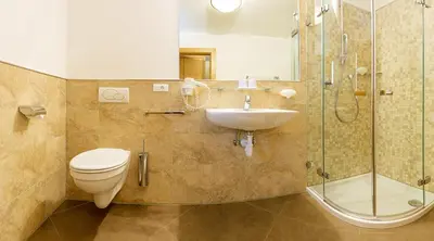 a bathroom with a toilet and a sink and a shower at Villa Residence Franziskus in Tirolo