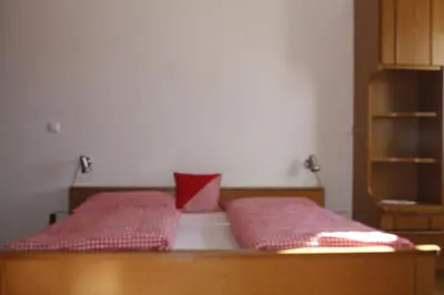 a bedroom with two beds with red pillows at Le Maier in San Vigilio Di Marebbe
