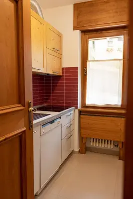 a kitchen with a white dishwasher and a window at Ca' Milijera in Cortina dʼAmpezzo