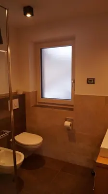 a bathroom with a toilet and a window at Apartments Salieta in Santa Cristina in Val Gardena