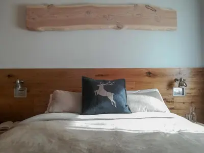 a bed with a wooden headboard with a deer pillow at Ciasa David Marebbe in San Vigilio Di Marebbe