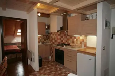 a kitchen with wooden cabinets and a stove top oven at Residence Anny in Canazei