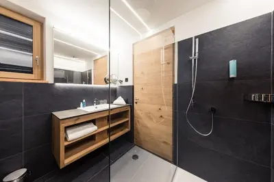 a bathroom with a shower and a sink at Weingut Moser Apartments in Caldaro