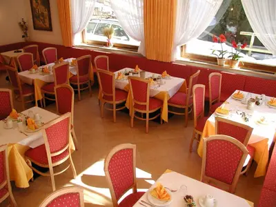 a dining room with tables and chairs and windows at Hotel Garni Ongaro in Selva di Cadore