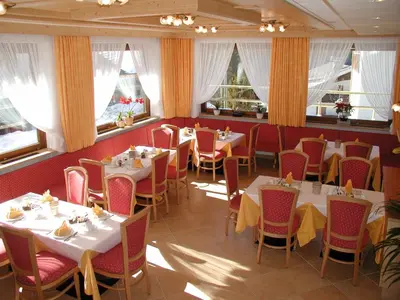 a dining room with tables and chairs and windows at Hotel Garni Ongaro in Selva di Cadore