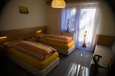 a hotel room with two beds and a window at Hotel Garni Ongaro in Selva di Cadore