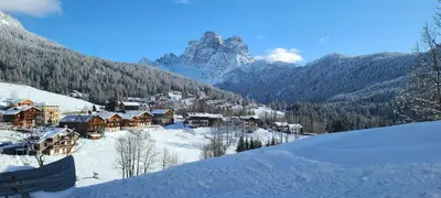a village in the snow with a mountain in the background at Hotel Garni Ongaro in Selva di Cadore