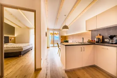 a bedroom with a bed and a desk and a television at Haus Artus in Schenna