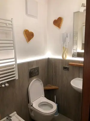 a bathroom with hearts on the wall and a mirror at Garnì Villa Cecilia in Mazzin