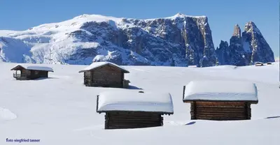 a group of buildings in the snow with a mountain at Apartment Gertrud in Castelrotto