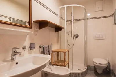 a bathroom with a sink and a toilet and a shower at Garni Residence Trocker in Castelrotto