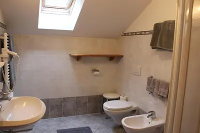 a bathroom with a toilet and a sink at Garni Residence Trocker in Castelrotto