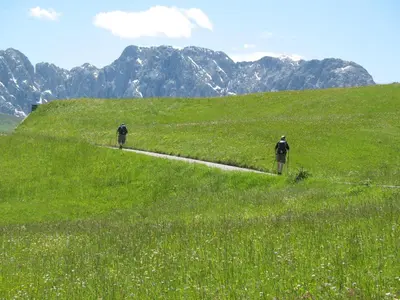 two people walking up a hill in a field at Panorama Residence Schlossblick in Rodengo