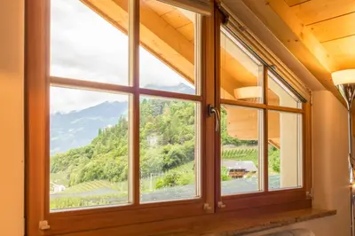 a window in a room with a view of a mountain at Weingut & Apartments Weitgruber Raffeis in Merano