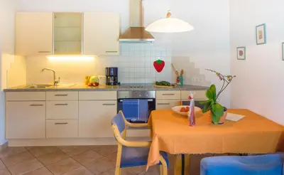 a kitchen with a table and a sink and a table and chairs at Weingut & Apartments Weitgruber Raffeis in Merano