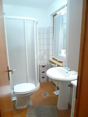 a bathroom with a shower and a toilet and a sink at Casa Sorarù in Rocca Pietore