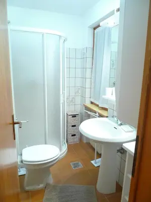 a bathroom with a shower and a toilet and a sink at Casa Sorarù in Rocca Pietore