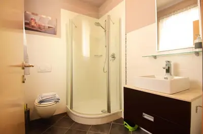 a bathroom with a shower and a toilet and a sink at Melanies Guesthouse 2 Zimmerwohnung in Caldaro